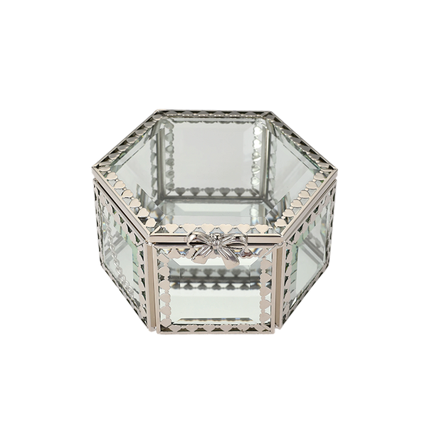 Glass Jewellery box Silver Hex with Clear Glass (7 x 12 x 10.5cm)