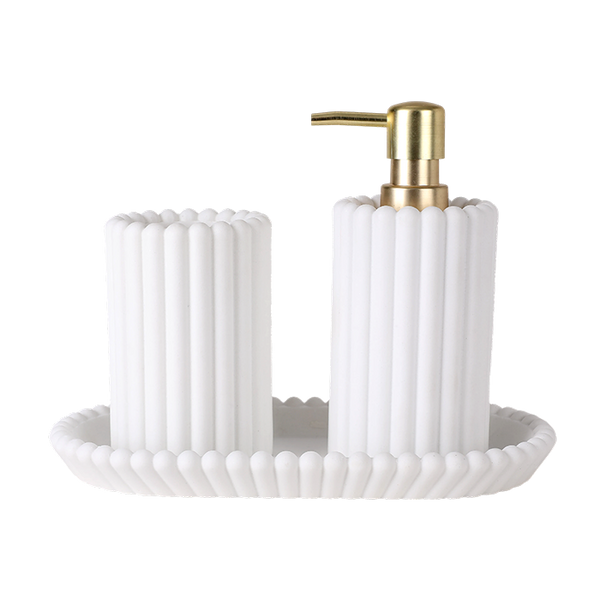 Bathroom Set of 3 - White Textured includes Cup, Tray & Soap Dispenser