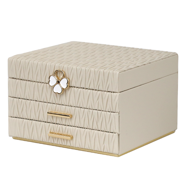 Jewellery Box PVC Champagne Leather Wrinkled with Lift Out Tray & 2 Drawers