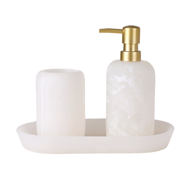 Bathroom Set of 3 - White Marble includes Cup, Tray & Soap Dispenser