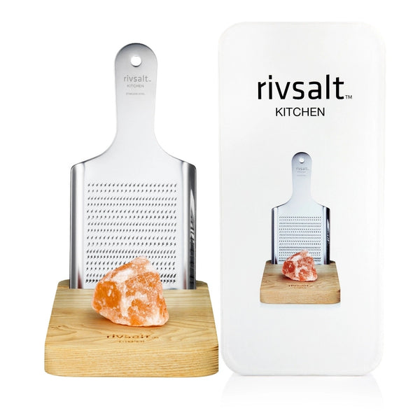 RIVSALT Kitchen LG - Himalayan Salt with Stainless Steel Grater and Oak Stand - SPECIAL PRICE
